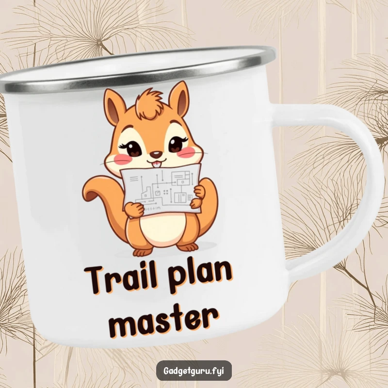 Funny cheerful squirrel character holding a tiny blueprint with determination, designed for a durable and funny camping mug.