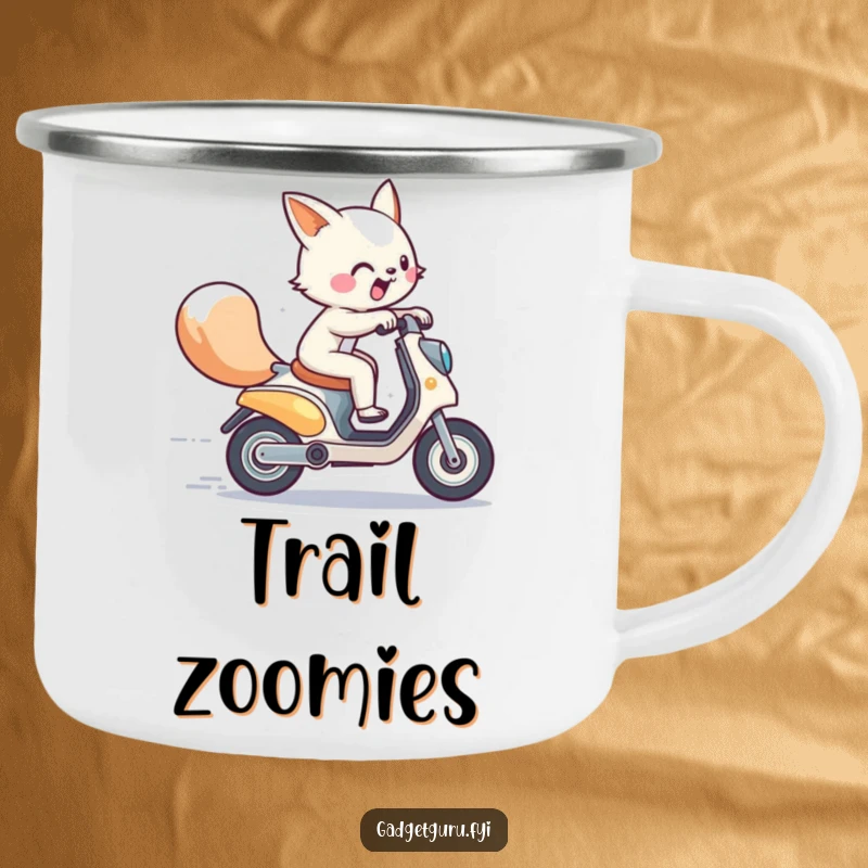 Funny camping mug with an energetic animal character zooming on a miniature futuristic scooter, perfect for outdoor adventures.