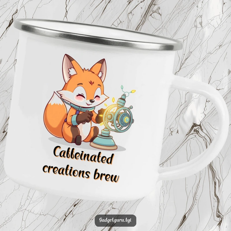 Funny camping mug shows an excited fox character tinkering with a complex, glowing contraption, ready for outdoor invention.