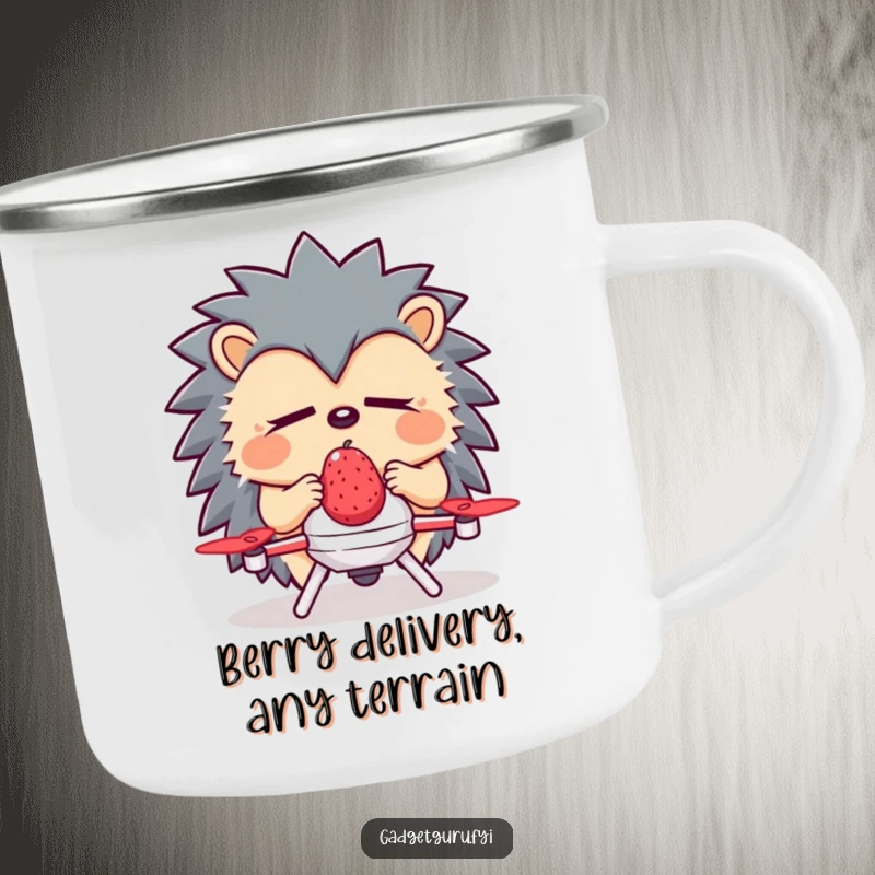 Funny Hedgehog Camping Mug: A sleepy hedgehog uses a tiny drone for berry delivery, perfect for outdoor relaxation.