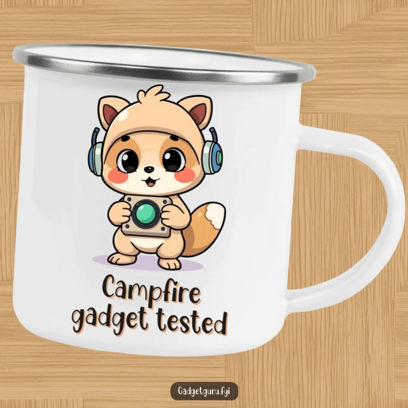 Funny Cheerful Animal Character Proudly Holding Up a Newly Assembled Whimsical Gadget Camping Mug, Outdoor Humorous Drinkware.