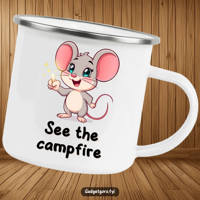 Funny mouse camping mug with an excited character pointing at a holographic display, for humorous outdoor futuristic enjoyment.