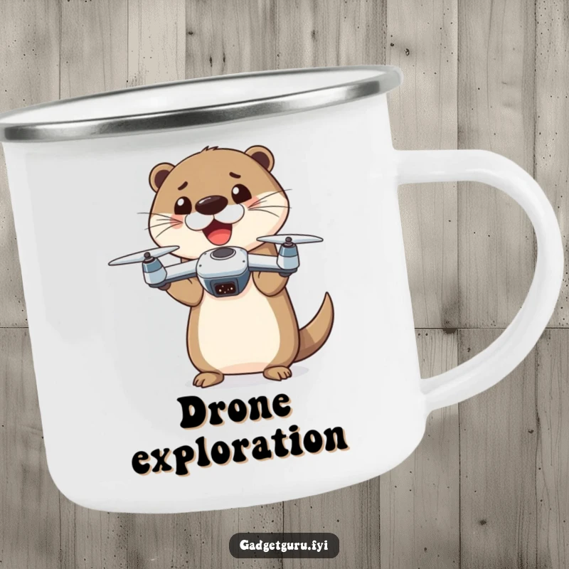 Funny otter character excitedly holding a tiny drone, perfect for camping or hiking, on a sturdy enamel camping mug.