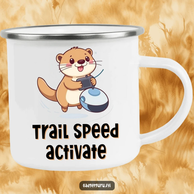 Funny camping mug with a playful otter zooming with a remote-controlled toy, perfect for outdoor enthusiasts who love fun.