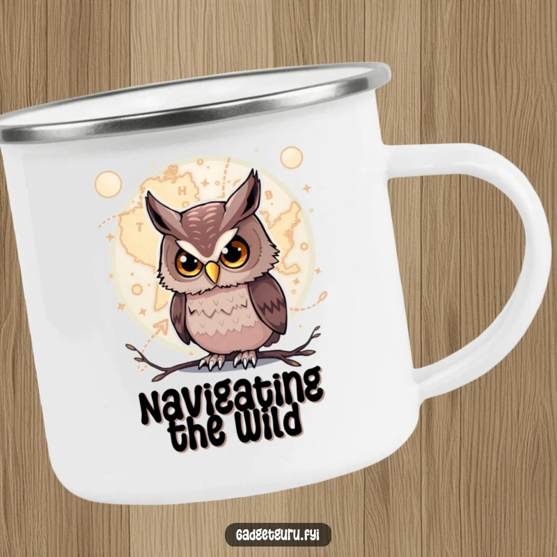 Funny Owl Camping Mug: A curious owl studies a glowing map, ideal for adventurers and nature lovers.