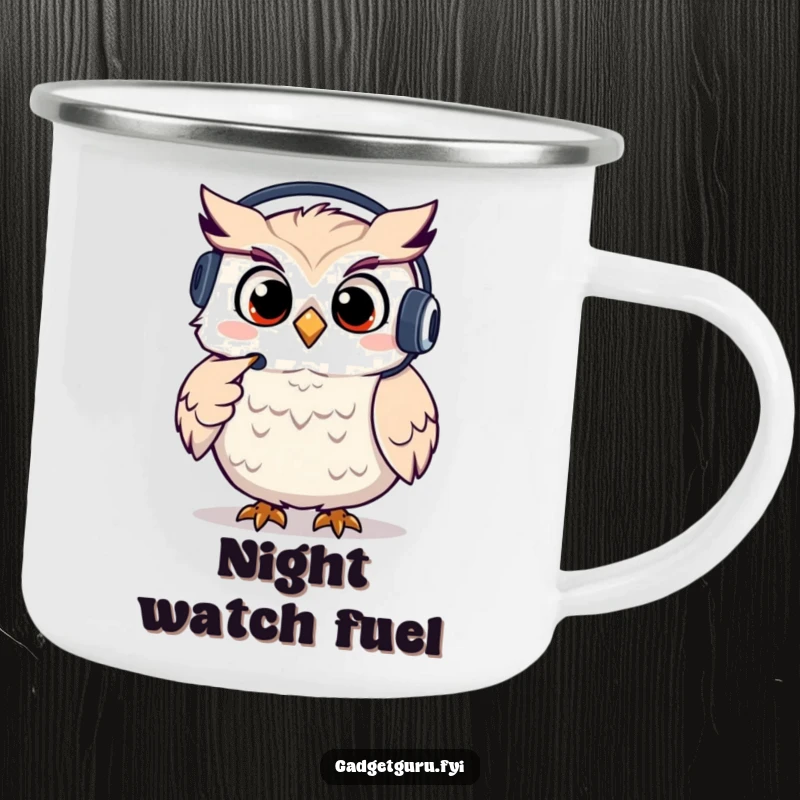 Funny owl enamel camping mug featuring a giggling character wearing a headset and pointing, ready for supportive adventures.