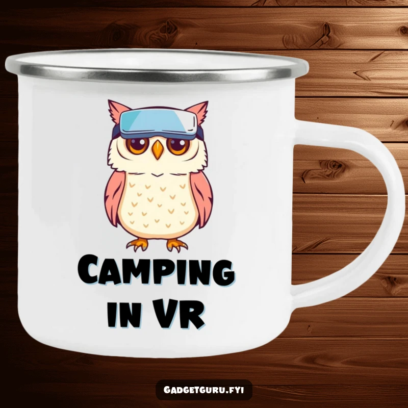 Funny owl character wearing tiny VR goggles, perfect for camping or hiking, on a sturdy enamel camping mug.