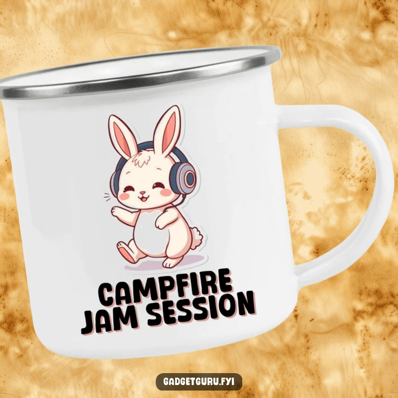 Funny camping mug featuring a playful rabbit character wearing headphones and tapping its foot to music, ideal for outdoor trips.