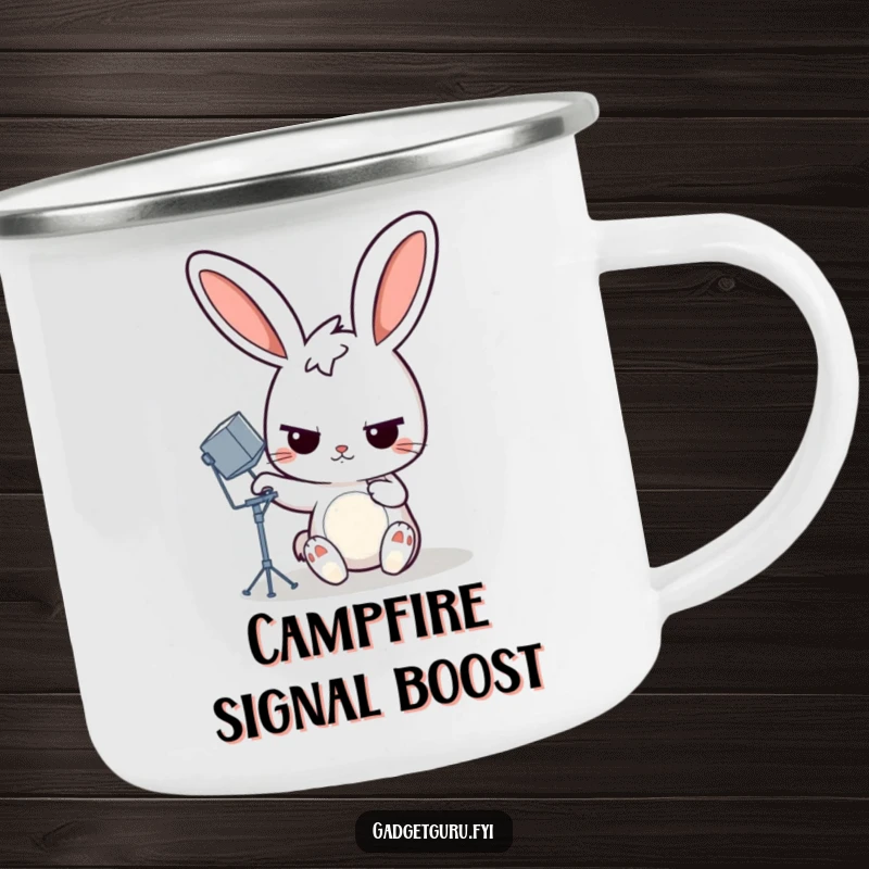Funny rabbit camping mug with a determined cartoon rabbit adjusting a miniature satellite dish, for humorous outdoor tech enjoyment.