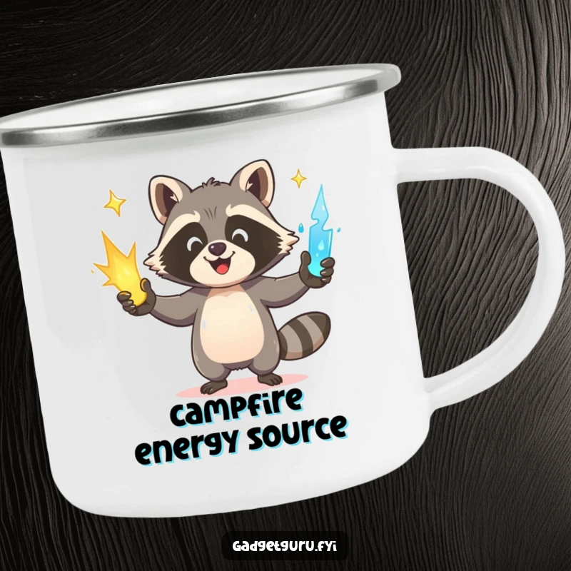 Funny Raccoon Camping Mug: A happy raccoon juggles glowing power sources, perfect for adventurers needing a boost.