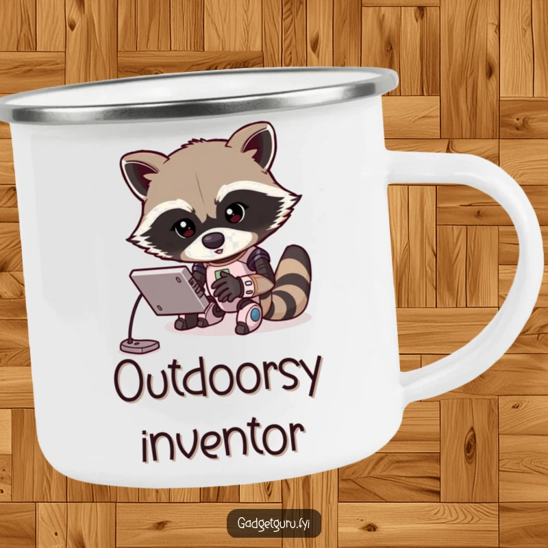 Funny camping mug with a determined raccoon character programming a miniature robot. A durable and humorous companion for coders on the go.