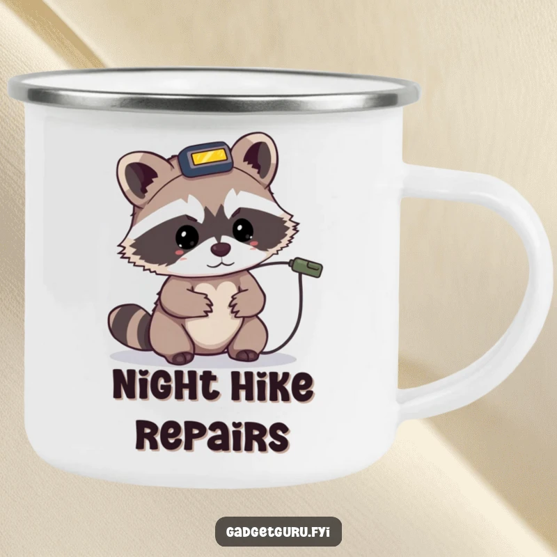 Funny camping mug featuring a tiny raccoon character wearing a headlamp, intently examining a small wire.