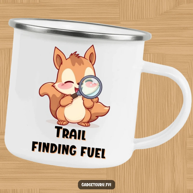 Funny Camping Mug showing a playful squirrel character excitedly examining with a magnifying glass, perfect for outdoor nature enthusiasts.