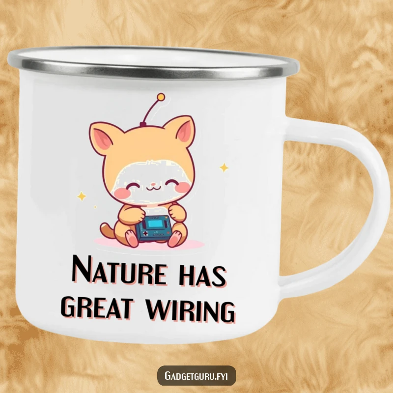 Funny Small Animal with Antenna Critter Joyfully Tinkering with a Tiny Circuit Camping Mug, Outdoor Humorous Drinkware.