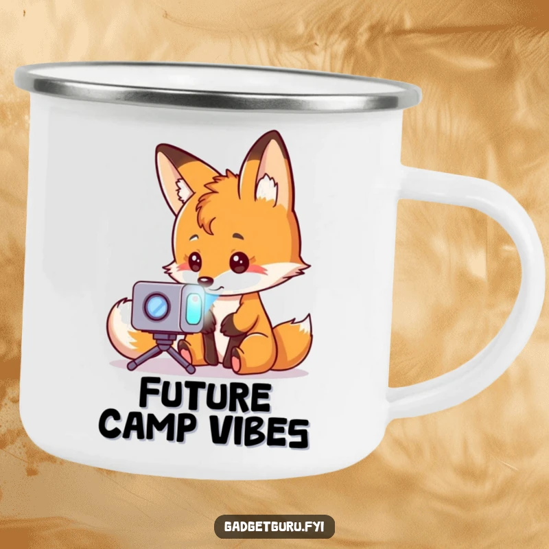 Funny fox character examining a tiny holographic projector, perfect for camping or hiking, on a sturdy enamel camping mug.