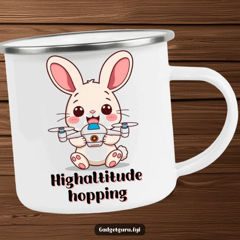 Funny camping mug featuring a happy rabbit with energetic ears holding a tiny drone, designed for outdoor fun.