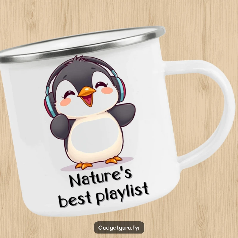 Funny penguin chick camping mug, wearing headphones and giving a rave review, suitable for outdoor music lovers.