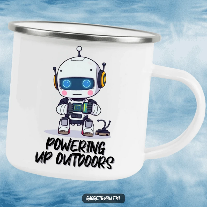 Funny camping mug showing a small robot character happily assembling a tiny, glowing circuit, perfect for outdoor tech enthusiasts.