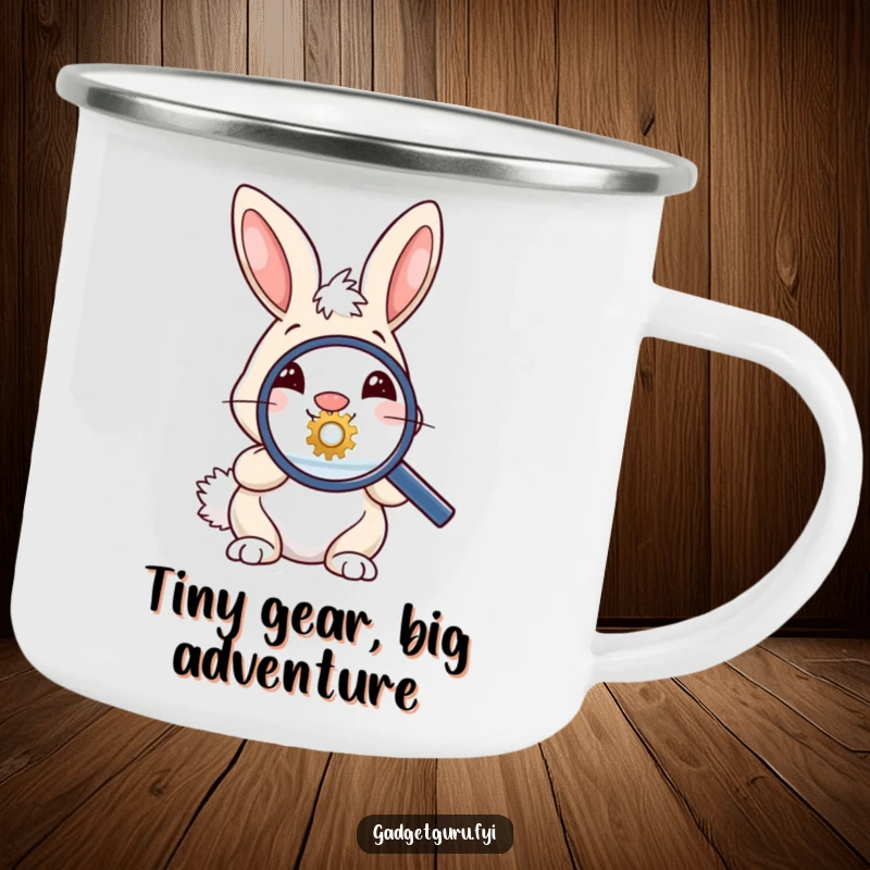 Funny camping mug featuring a bunny with a magnifying glass inspecting a tiny gear, ideal for outdoor adventurers.