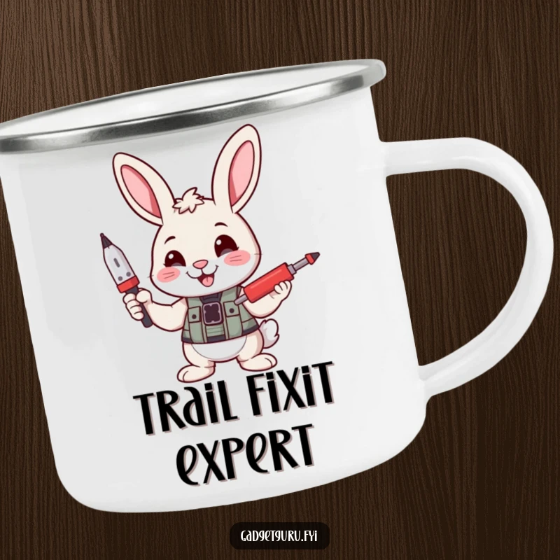 Funny camping mug shows a smiling bunny character confidently holding a tiny screwdriver, perfect for outdoor DIY enthusiasm.