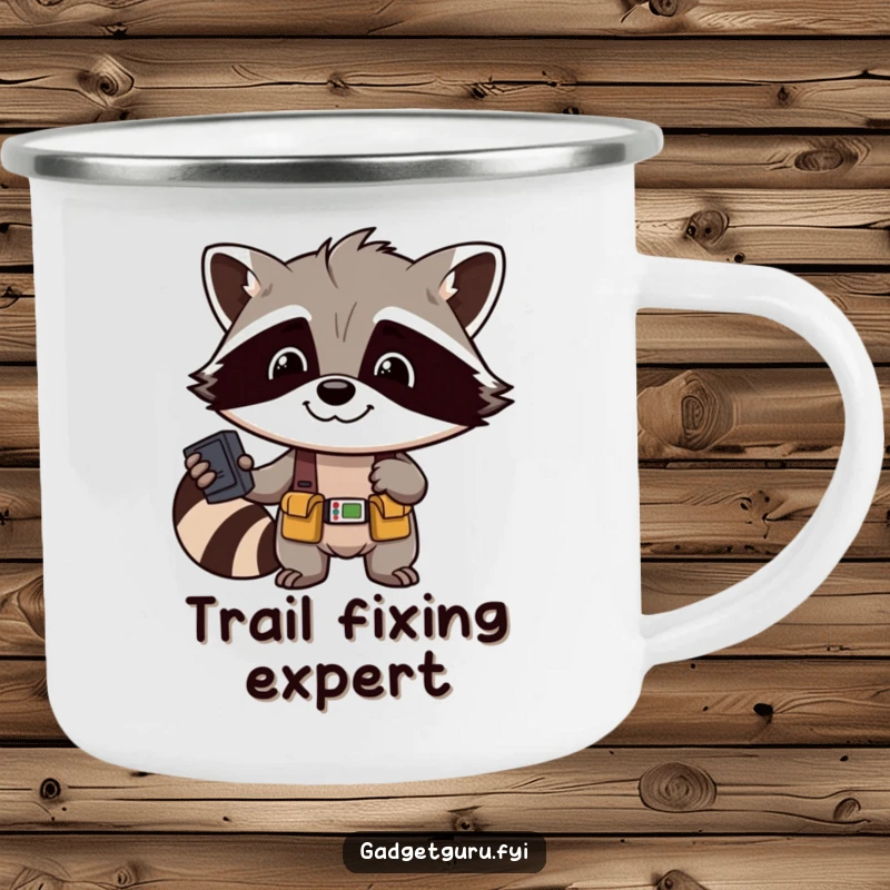 Funny Raccoon Adventure Camping Mug: A durable enamel mug with a smiling raccoon mechanic design, perfect for outdoor use.