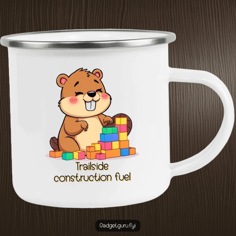 Funny camping mug showing a giggling beaver character building with small, glowing blocks, ready for outdoor adventures.