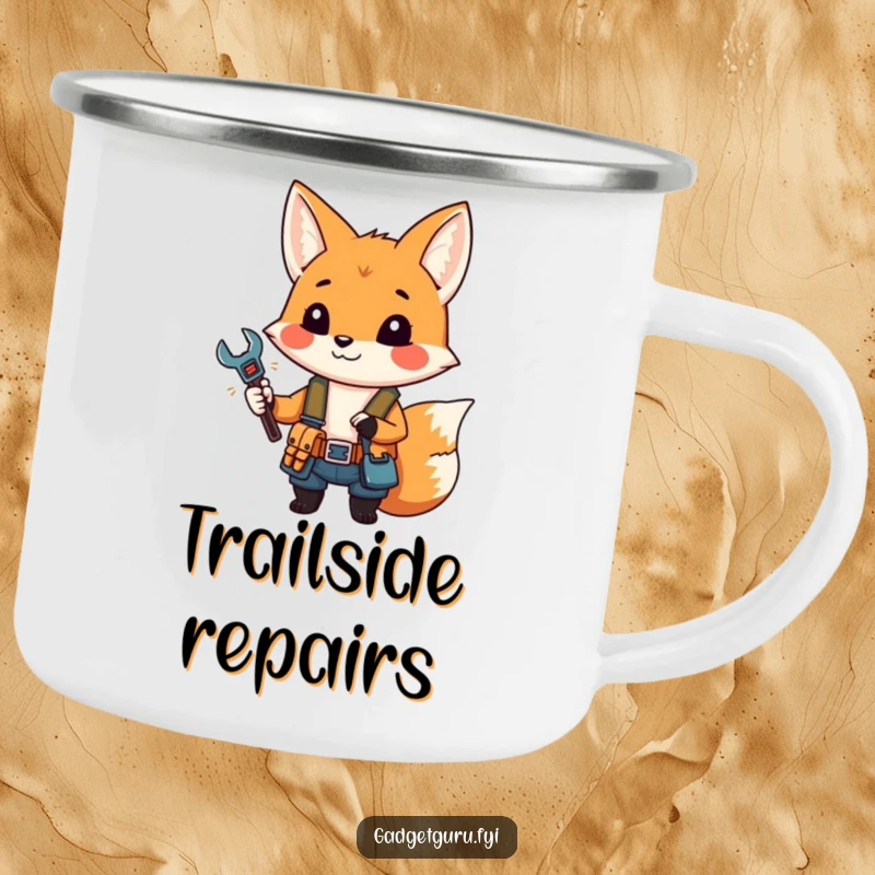 Funny camping mug featuring a small fox character in a tool belt holding a miniature wrench, ready for adventures.