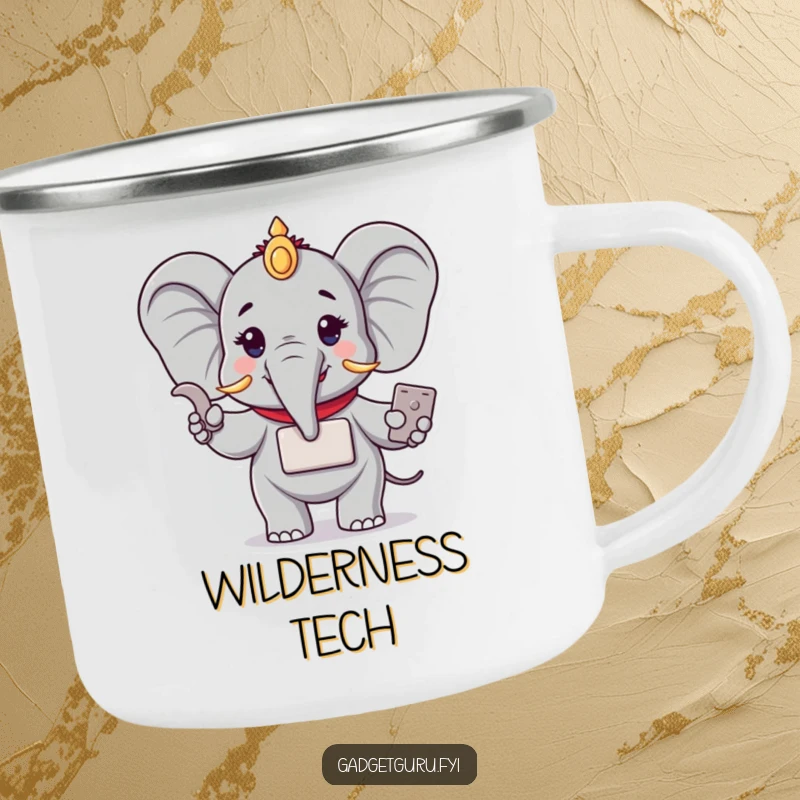 Funny camping mug with a wise elephant character demonstrating a small electronic device. A durable and humorous companion for smart adventurers.
