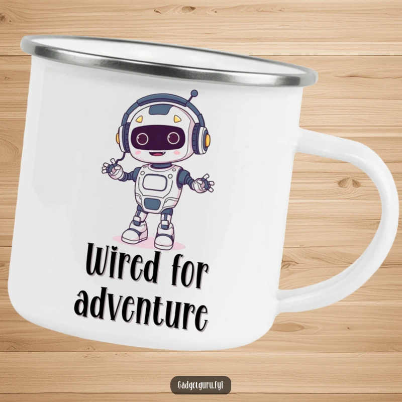 Funny camping mug showing a happy robot wearing tiny headphones and dancing, with glowing wires, perfect for outdoor fun and music lovers.