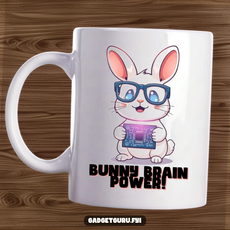 Funny Rabbit Scientist Mug: A small rabbit wearing tiny glasses excitedly holds a glowing circuit board, representing brilliant scientific discovery.