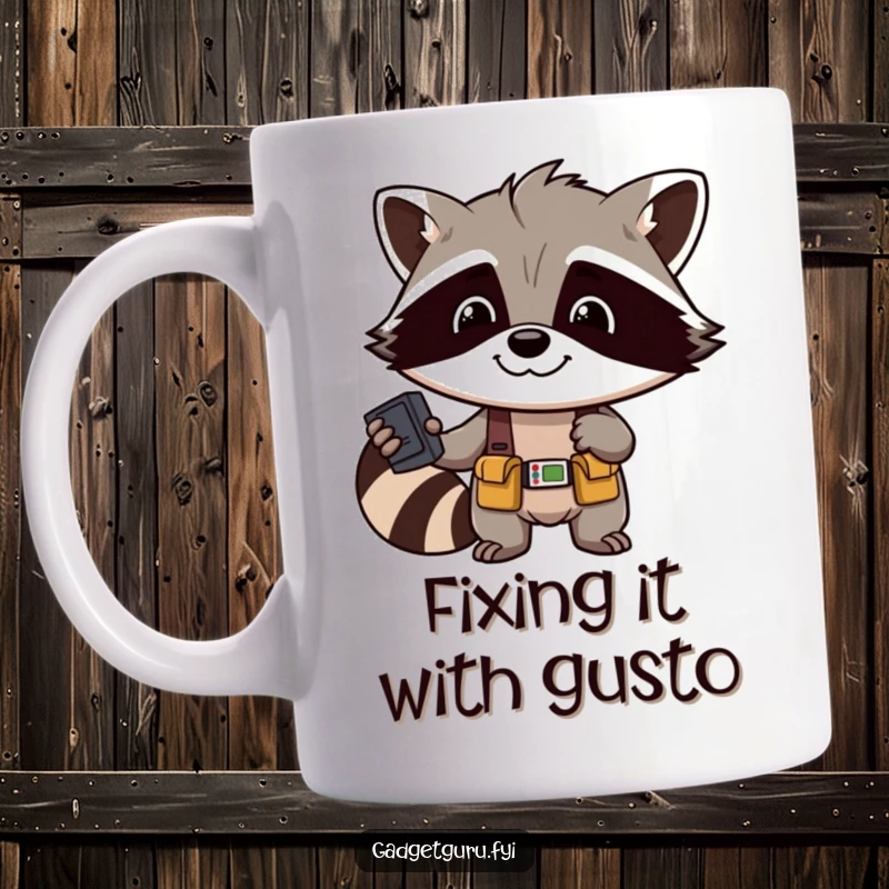 Funny Raccoon Mechanic Mug: A smiling raccoon with a tool belt, expertly fixing a small device with a cheerful expression.