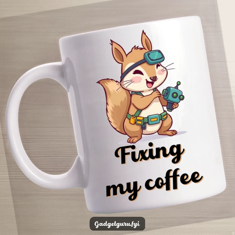 Funny Squirrel Mechanic Mug: A squirrel wearing a tool belt enthusiastically tinkers with a tiny robot, showcasing mechanical prowess.