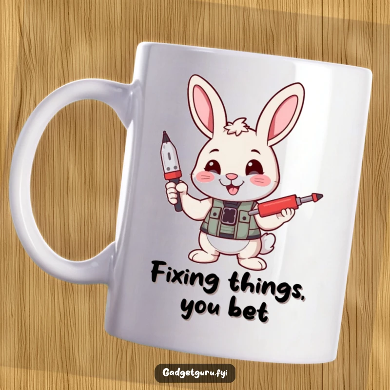 Funny mug depicts a smiling bunny character confidently holding a tiny screwdriver, ready to fix anything with a cheerful attitude.