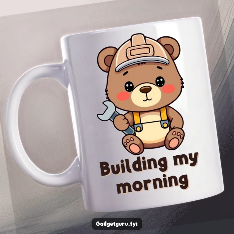 Funny bear cub mug, wearing a hard hat and holding a wrench, representing industriousness and cuteness.