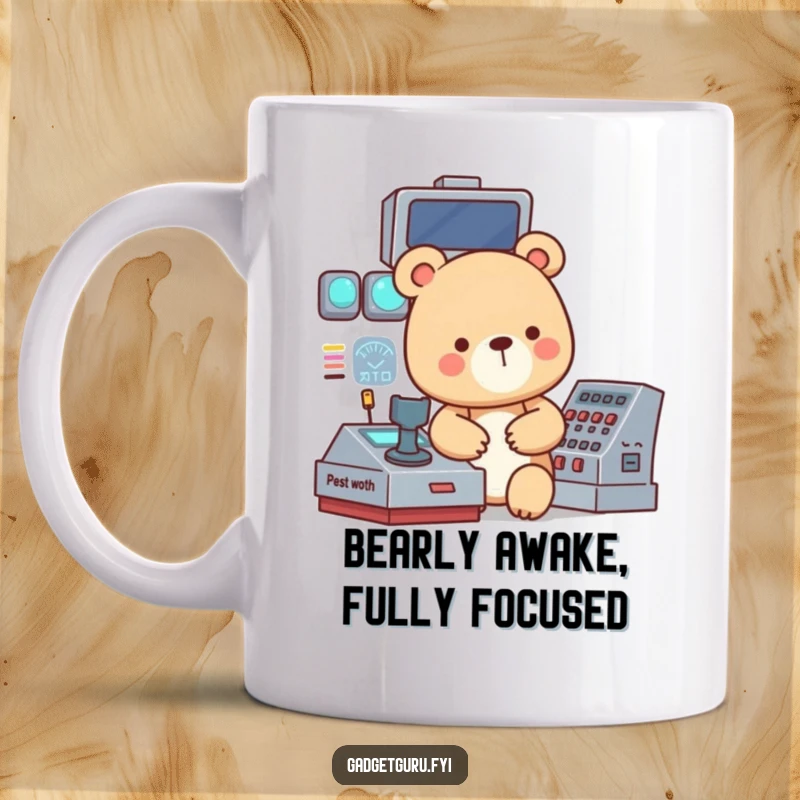 Funny mug showcasing a small, focused bear character intently operating a complex, blinking control panel with all its might.