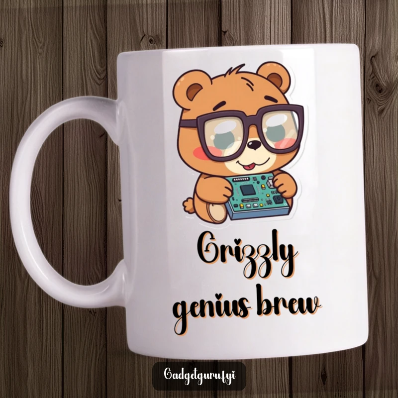 Funny bear character wearing huge glasses, intently examining a tiny circuit board, on a coffee mug.