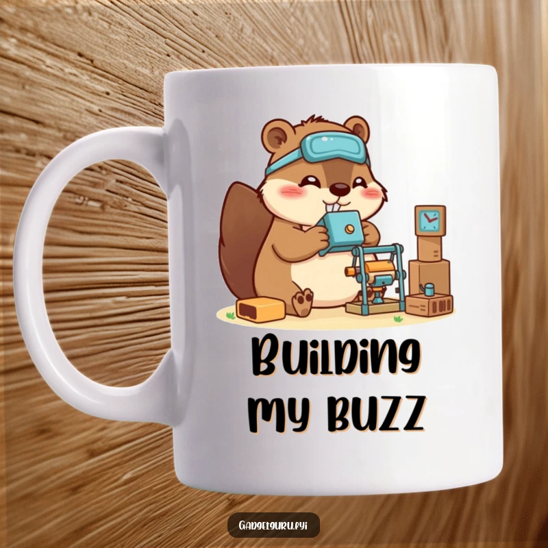 Funny beaver builder mug featuring a happy character constructing a miniature gadget structure, showcasing ingenuity and playful crafting.