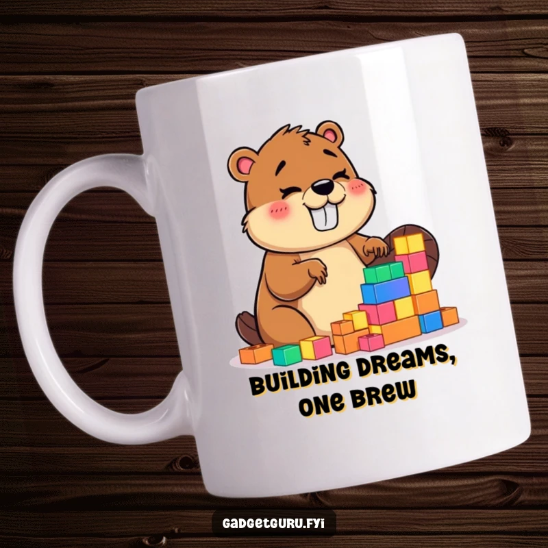 Funny mug showcasing a giggling beaver character intently building with small, bright glowing blocks, full of cheerful energy.