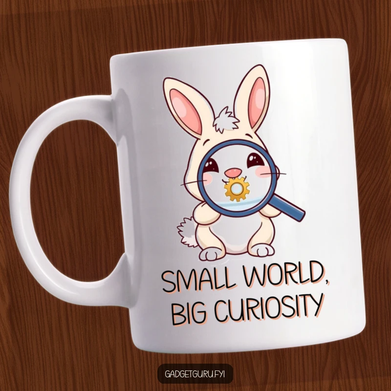 Funny mug featuring a cheerful bunny with a magnifying glass, intensely examining a tiny gear, showcasing curiosity and humor.