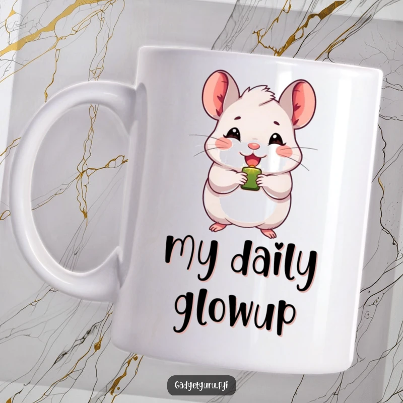 Funny chinchilla mug with a beaming character holding a small, blinking light bulb, radiating joy and quirky energy.