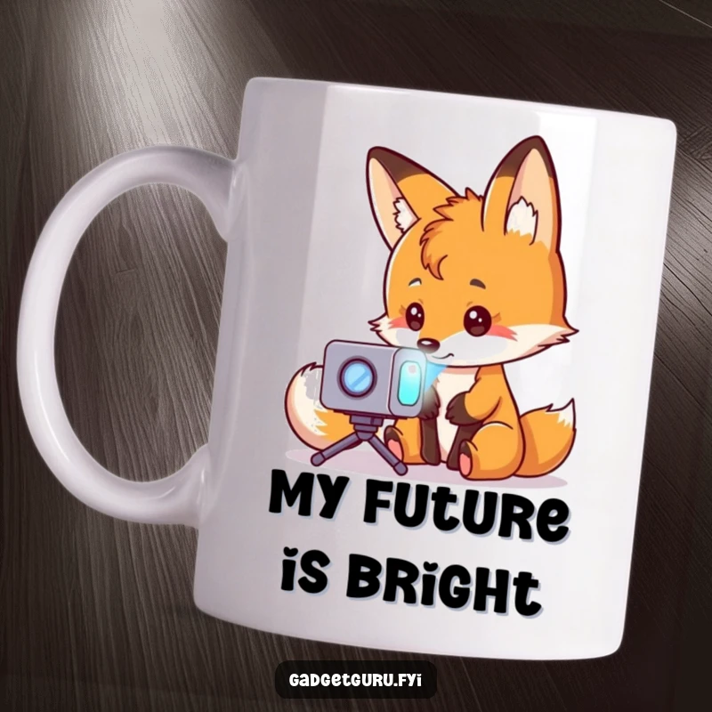 Funny fox character intently examing a tiny holographic projector, showing curiosity and intelligence, on a ceramic mug.