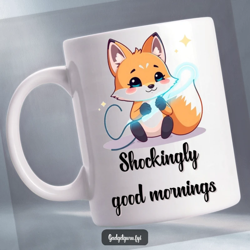 Funny fox mug character eagerly experimenting with bright, glowing wires, symbolizing innovation and playful energy.