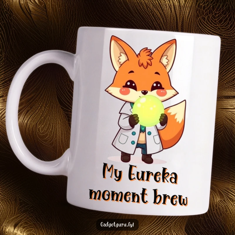 Funny mug featuring a cheerful fox scientist in a lab coat, holding a glowing orb with scientific curiosity and a hint of mischief.