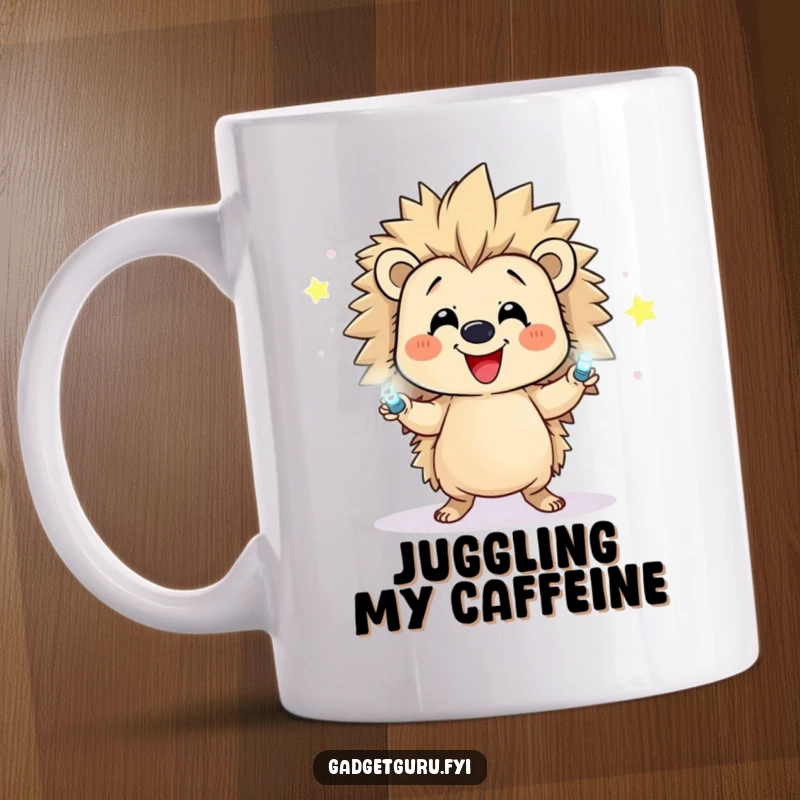 Funny mug showing a happy hedgehog character skillfully juggling several small, brightly flashing LEDs.