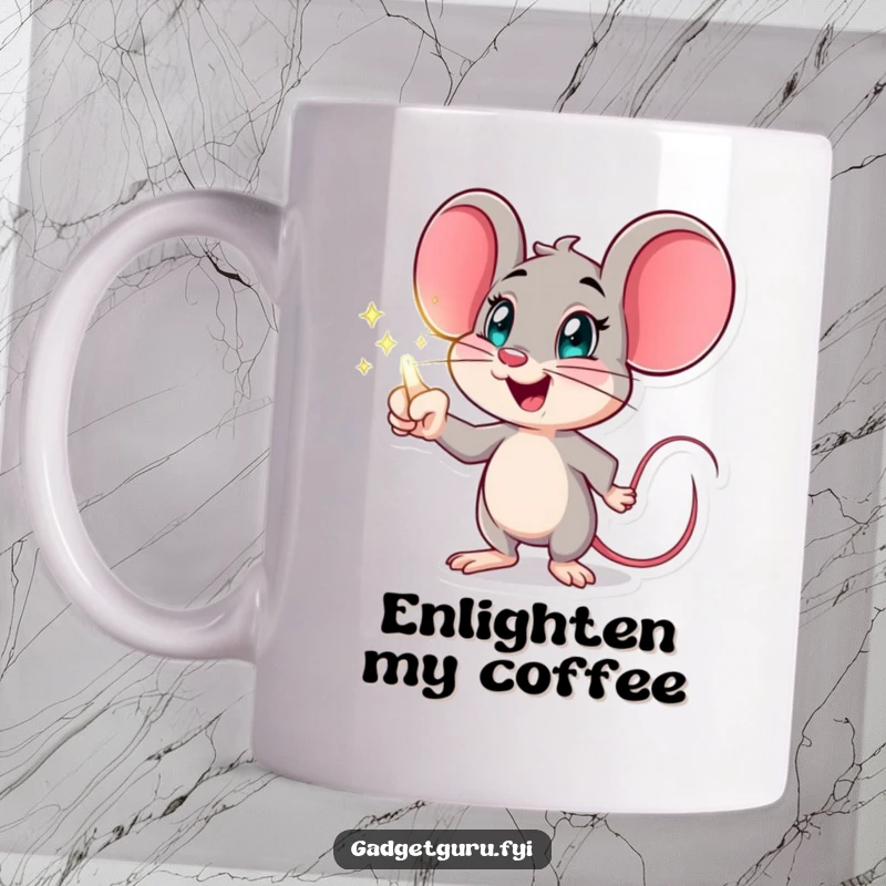 Funny mouse mug showing an excited character pointing at a holographic display, a humorous gift for tech enthusiasts.