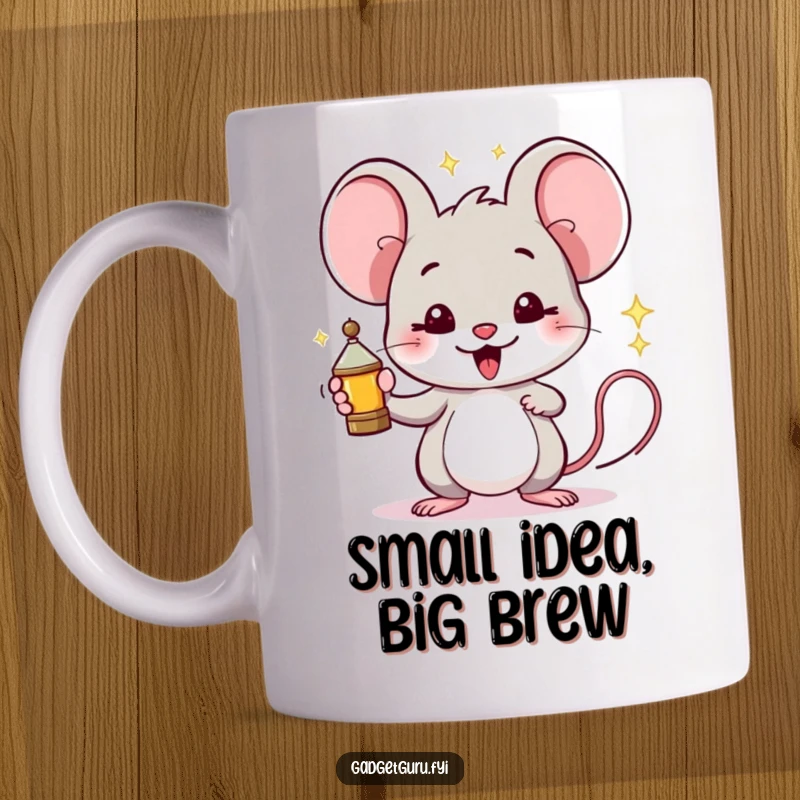 Funny Mouse Mug: A proud mouse holds up a miniature, sparking invention, symbolizing creativity and ingenuity.
