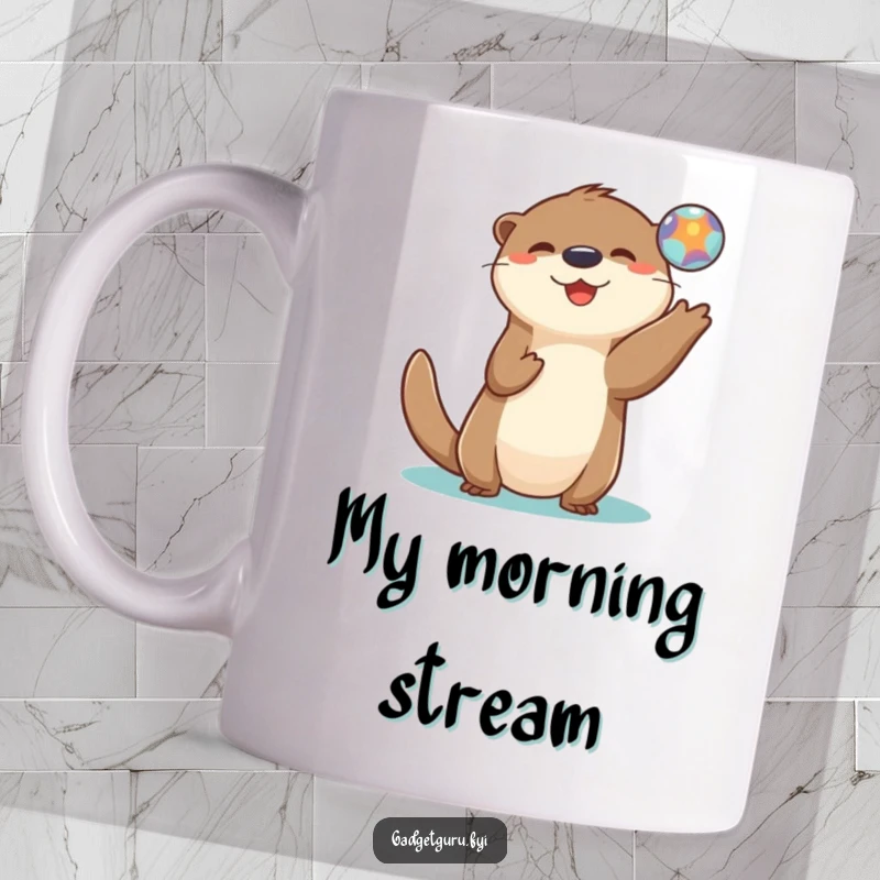 Funny mug depicting a playful otter character gleefully tossing a small, glowing digital orb in the air.
