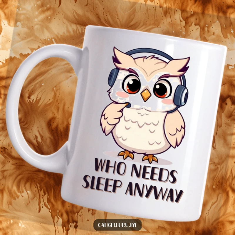 Funny owl mug character giggling while wearing a tiny headset and pointing, representing helpfulness and humor.