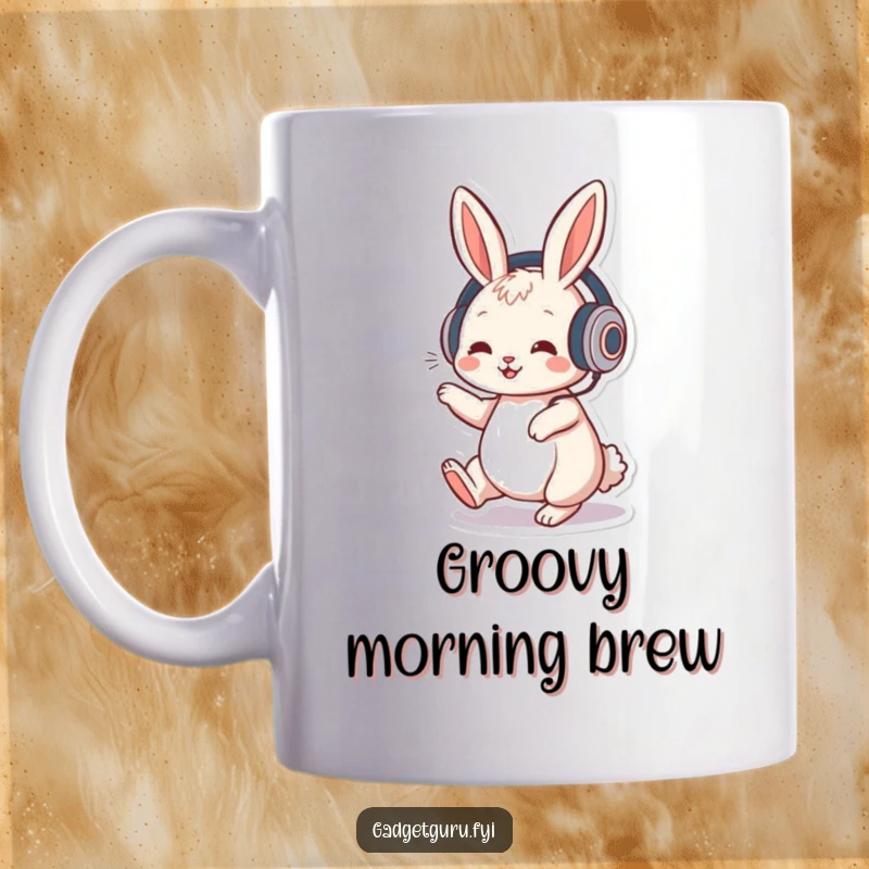 Funny mug showing a playful rabbit character wearing headphones and happily tapping its foot to an unheard beat.