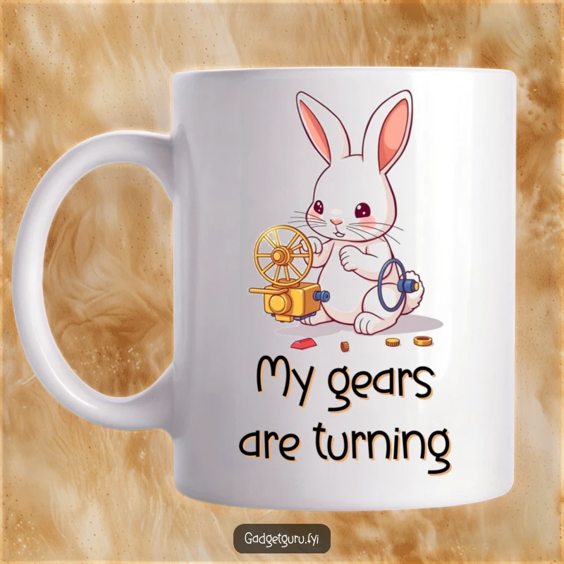 Funny mug showing a determined rabbit with tools, focused on assembling a complex miniature contraption, embodying creativity and humor.